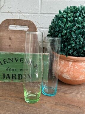 Pair of Colorful Vintage Etched Glass Bud Vases